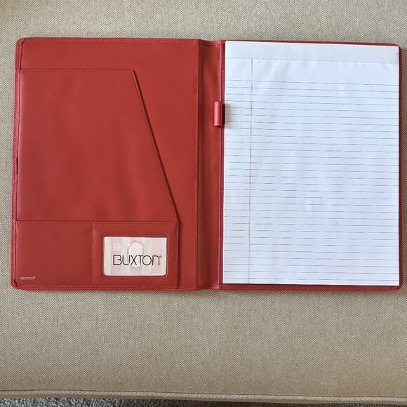 Padfolio Red Orange Buxton Leather Folder with Legal Pad and Pockets - Picture 2 of 5